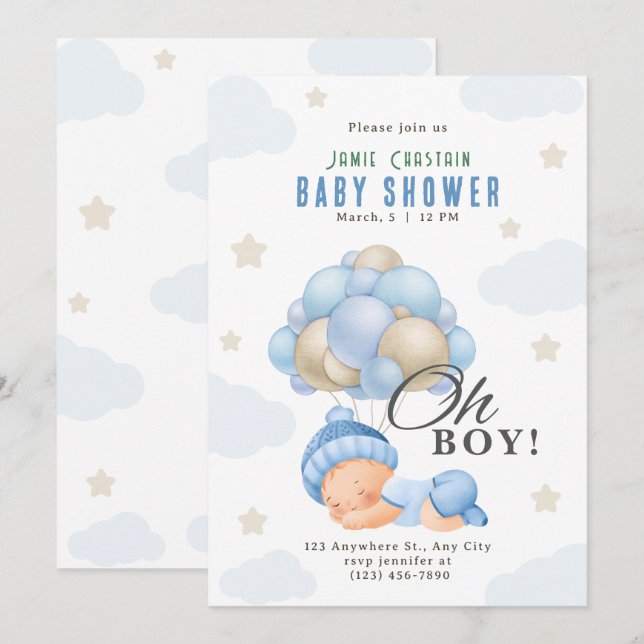 Blue Beige Modern Boy with Balloons baby shower Invitation (Front/Back)