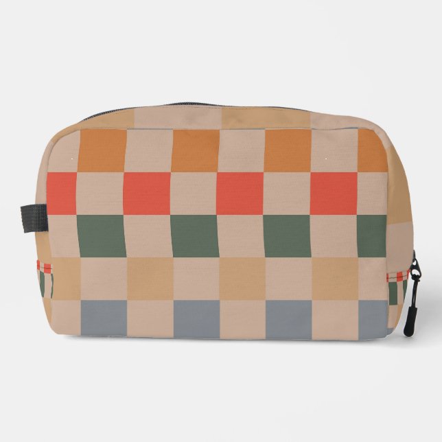 Blue Beige Orange Brown Chequered Gingham Pattern Dopp Kit (Front)
