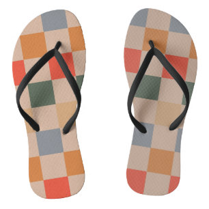 Blue Beige Orange Brown Chequered Gingham Pattern Flip Flops