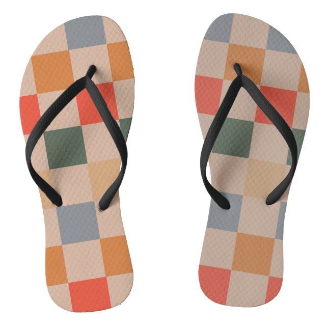 Blue Beige Orange Brown Chequered Gingham Pattern Flip Flops (Footbed)