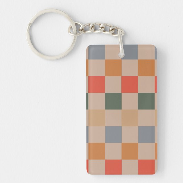 Blue Beige Orange Brown Chequered Gingham Pattern Keychain (Front)