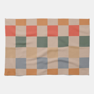 Blue Beige Orange Brown Chequered Gingham Pattern Kitchen Towel