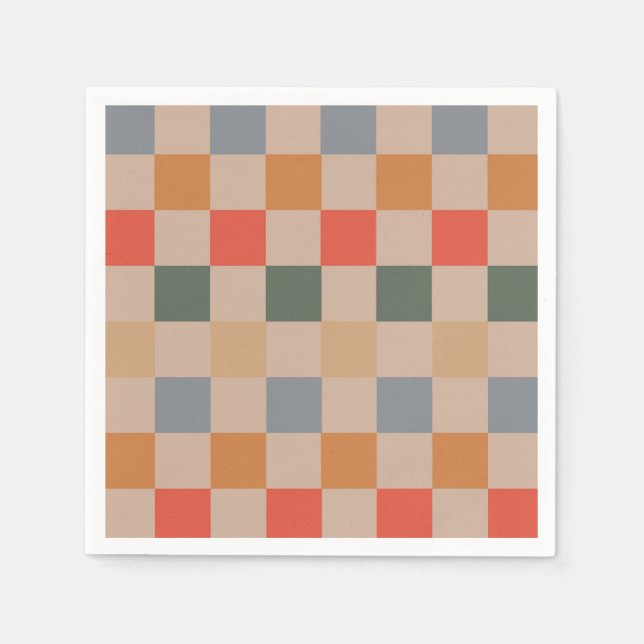 Blue Beige Orange Brown Chequered Gingham Pattern Napkin (Front)