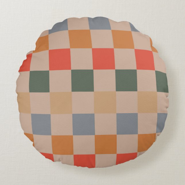 Blue Beige Orange Brown Chequered Gingham Pattern Round Pillow (Front)