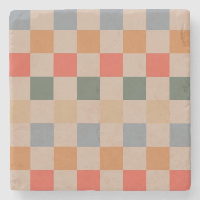 Blue Beige Orange Brown Chequered Gingham Pattern Stone Coaster (Front)