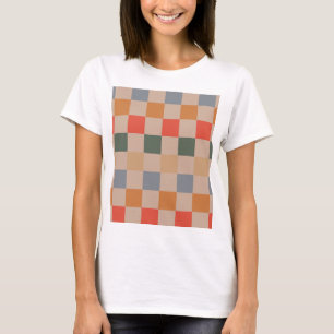 Blue Beige Orange Brown Chequered Gingham Pattern T-Shirt