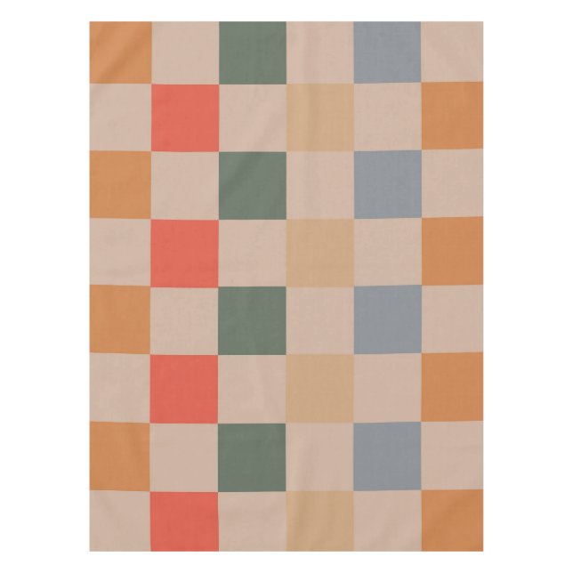 Blue Beige Orange Brown Chequered Gingham Pattern Tablecloth (Front)