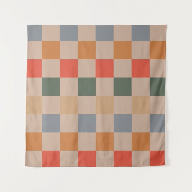 Blue Beige Orange Brown Chequered Gingham Pattern Tapestry (Front)