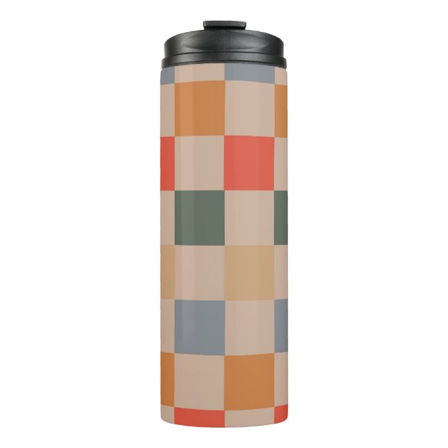 Blue Beige Orange Brown Chequered Gingham Pattern Thermal Tumbler (Front)
