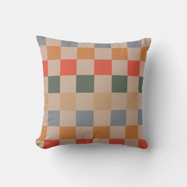 Blue Beige Orange Brown Chequered Gingham Pattern Throw Pillow (Front)