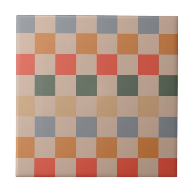 Blue Beige Orange Brown Chequered Gingham Pattern Tile (Front)