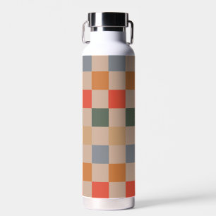Blue Beige Orange Brown Chequered Gingham Pattern Water Bottle