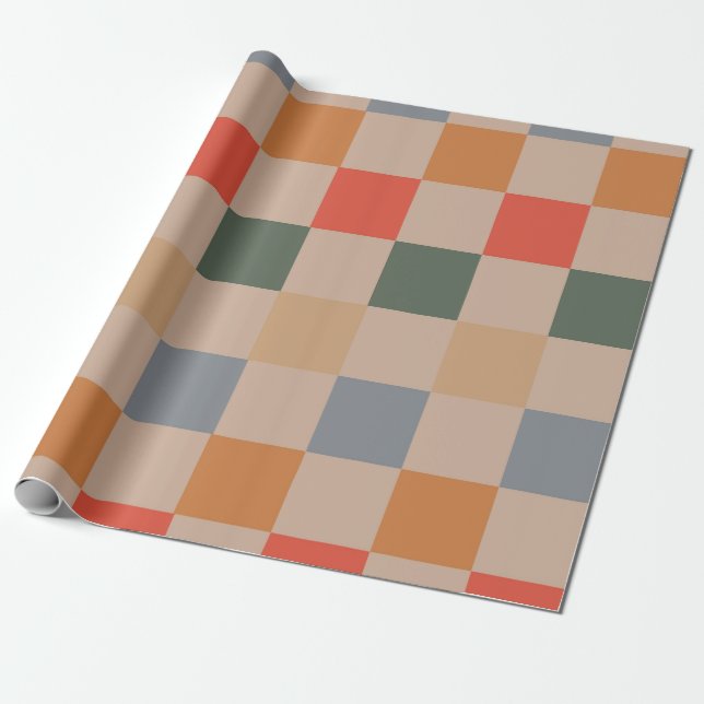 Blue Beige Orange Brown Chequered Gingham Pattern Wrapping Paper (Unrolled)