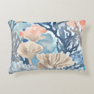 Blue Beige Orange Coral Reef Watercolor Coastal Accent Pillow