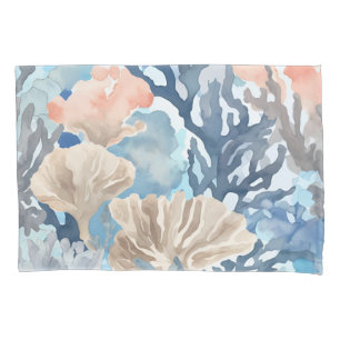 Blue Beige Orange Coral Reef Watercolor Coastal Pillowcase