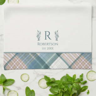 Blue Beige Plaid Personalized Name Monogram Kitchen Towel