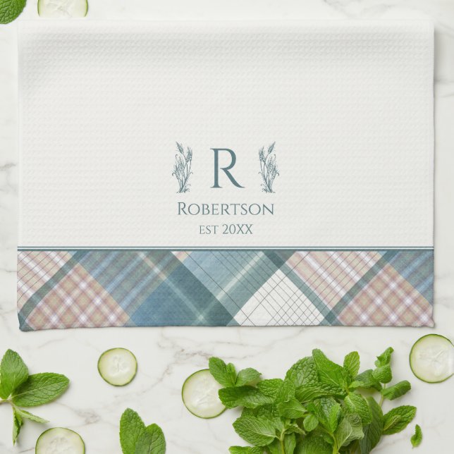 Blue Beige Plaid Personalized Name Monogram Kitchen Towel (Folded)