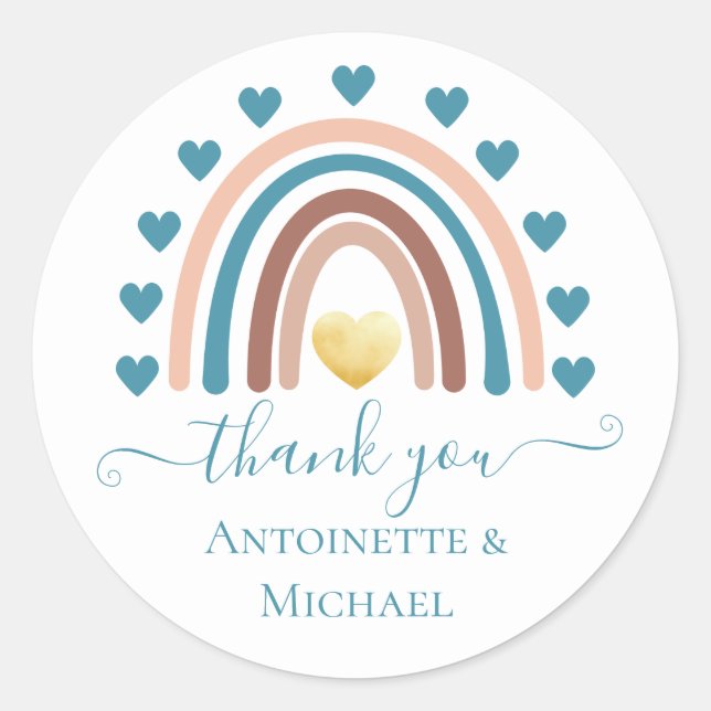 Blue Beige Rainbow Custom Thank you Baby Shower Classic Round Sticker (Front)