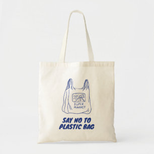 Blue Beige Say No To Plastic Quote Illustration Tote Bag