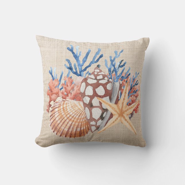 Blue Beige Seashells Starfish Coral Coastal Beach Throw Pillow (Front)