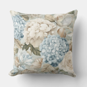 BLUE & BEIGE SUMMER HYDRANGEA FLOWERS THROW PILLOW