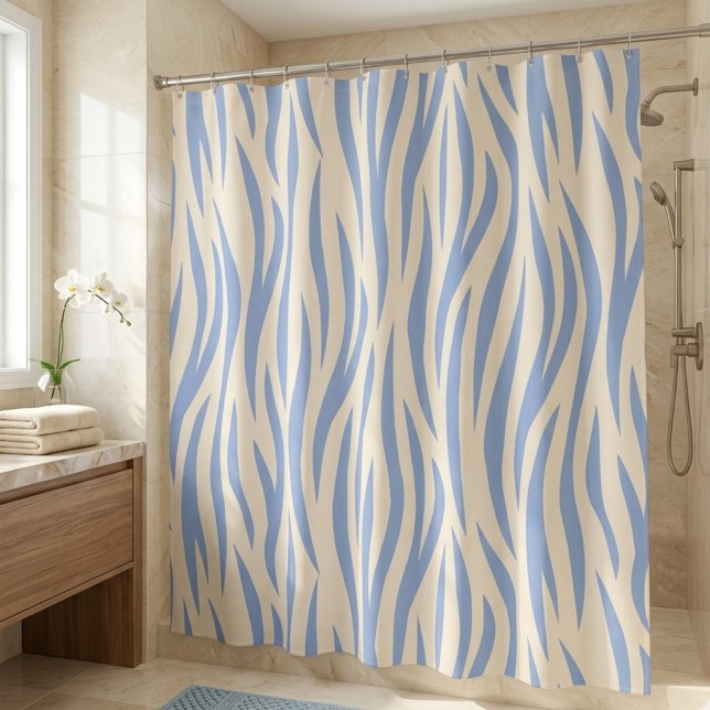 Blue & Beige Zebra Stripe Shower Curtain – Modern (Creator Uploaded)
