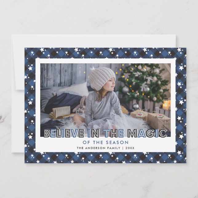 Blue Believe In the Magic Photo Christmas Cards (Front)