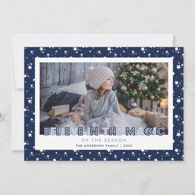 Blue Believe In the Magic Stars Photo Holiday Card (Front)