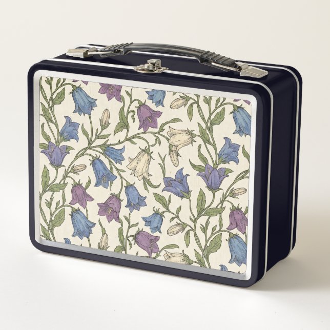 Blue Bellflower Pattern - Aesthetic Botanical Flor Metal Lunch Box (Front)