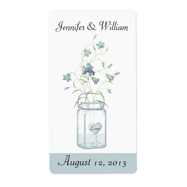 Blue Bells in a Mason Jar Wedding Mini Wine Label (Front)