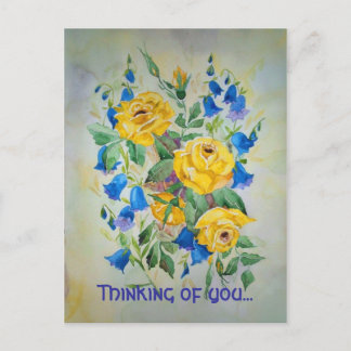 Blue bells with rose, Thinking of you... Postcard