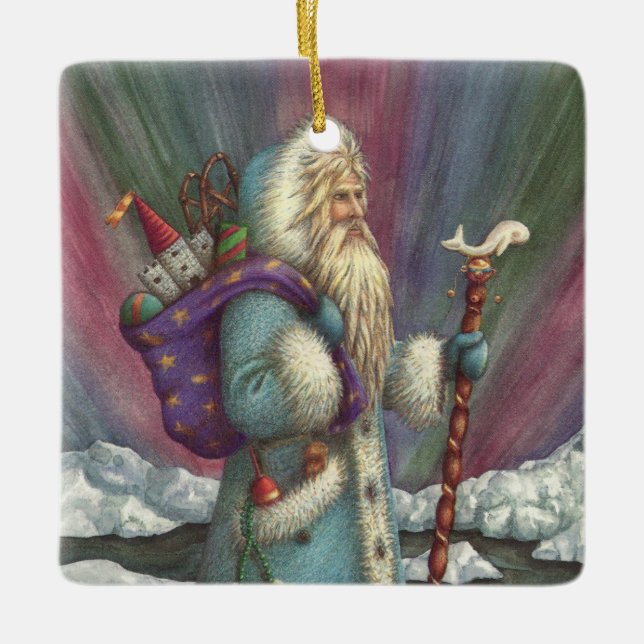 BLUE BELSNICKLE, NORTHERN LIGHTS & PENGUINS CERAMIC ORNAMENT (Front)