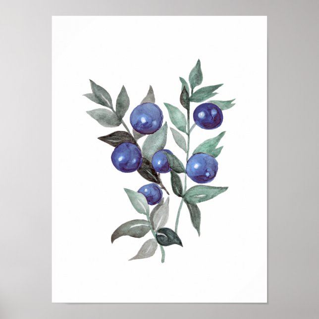 Blue berries Fruit Watercolor Artwork Poster (Front)