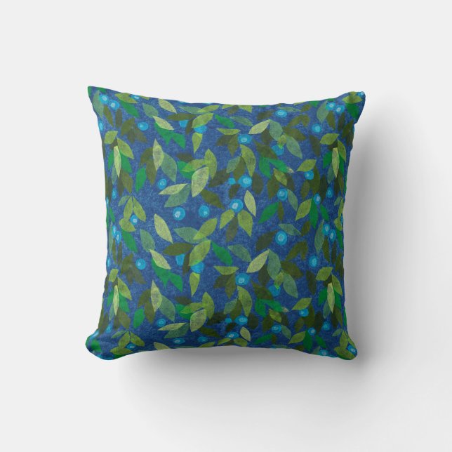 Blue Berries Minimal Floral Pattern Paper Collage Throw Pillow (Front)
