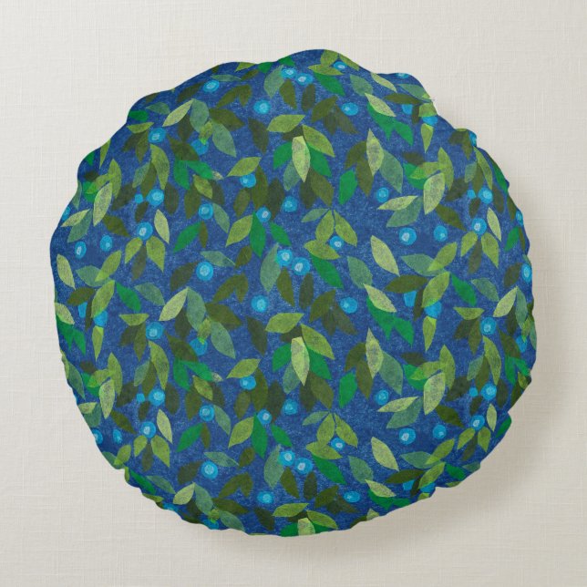 Blue Berries Minimal Floral Pattern Simple Botany Round Pillow (Back)