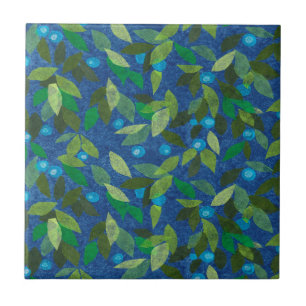 Blue Berries Minimal Floral Pattern Simple Botany Tile