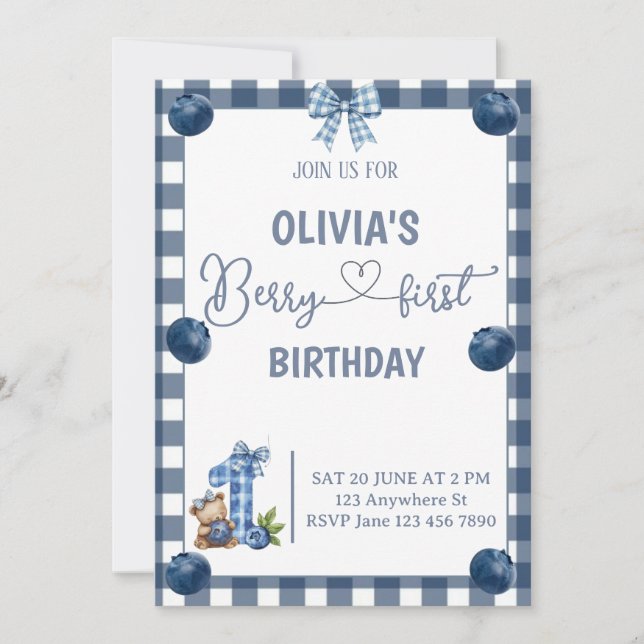 Blue Berry First Birthday Gingham Invitation  (Front)