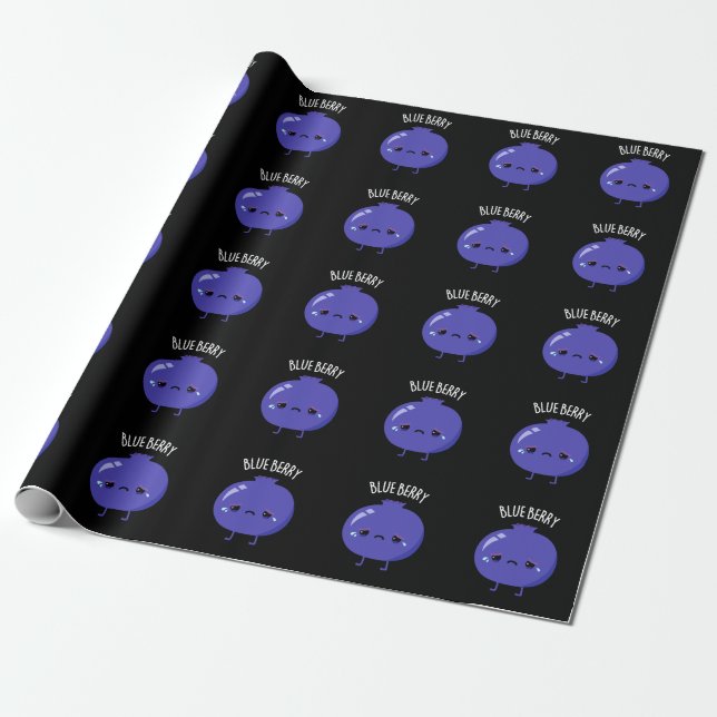Blue Berry Funny Blueberry Pun Dark BG Wrapping Paper (Unrolled)