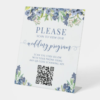 Blue Berry Sweet Floral QR Code Wedding Program Pedestal Sign