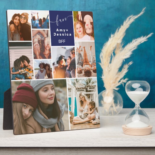 Blue Best friends bff script 10 photo collage grid Plaque (Side)