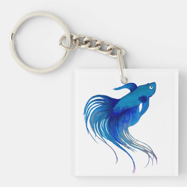 Blue Betta Fish Watercolor Keychain (Front)