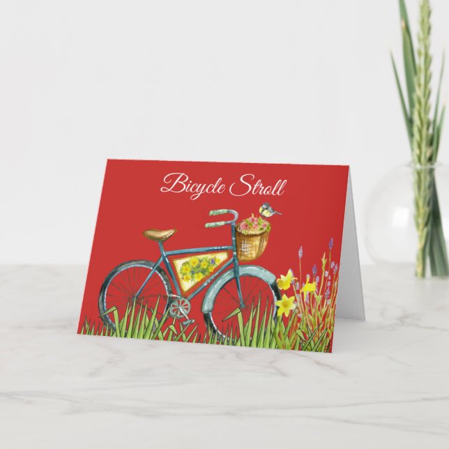 Blue Bicycle Basket Of Flowers & Bird Red Card (Front)