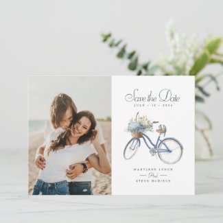 Blue Bicycle Bohemian Watercolor Wedding Photo Save The Date
