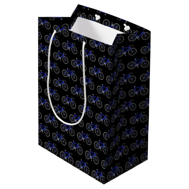 blue bicycle on black medium gift bag (Back Angled)