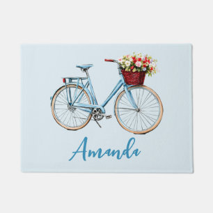 Blue Bicycle Spring  Flowers on Pale Blue Doormat