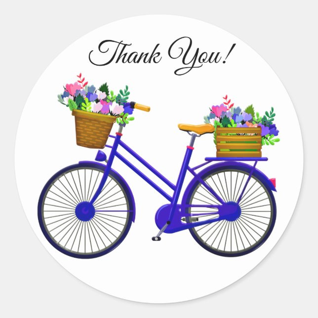 Blue Bicycle With Basket Of Flowers Thank You Classic Round Sticker (Front)