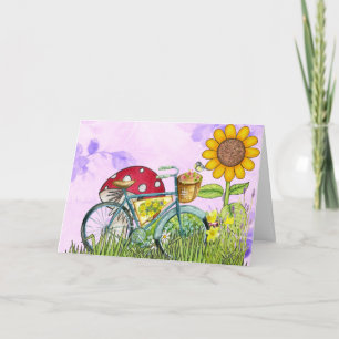 Blue Bicycle Yellow Sunflower Mushroom Bird Purple Card