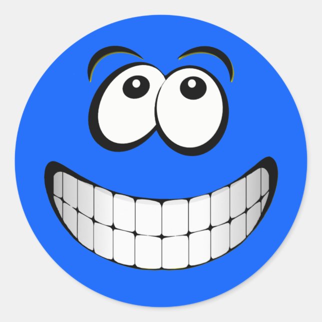 Blue Big Grin Face Classic Round Sticker (Front)