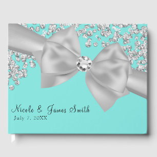 Blue Big White Bow Diamonds Chic Wedding Guest Book