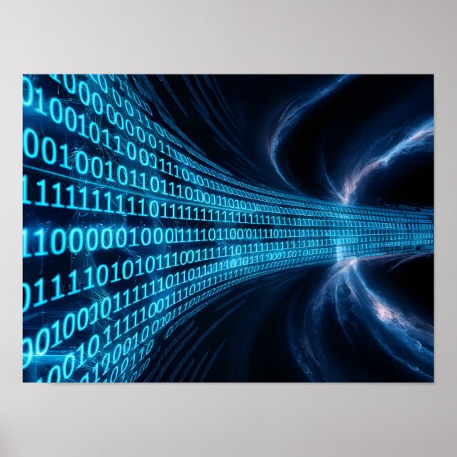 Blue Binary Code Matrix on Computer Screen Poster (Front)